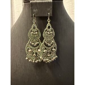 Vintage Antiqued Silver tone Beaded Long Dangle Earrings
